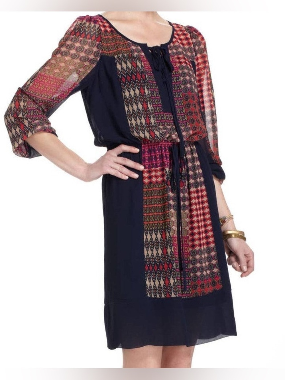 Anthropologie Maeve Rosalie Peasant Dress Navy Patchwork Geometric Print Medium